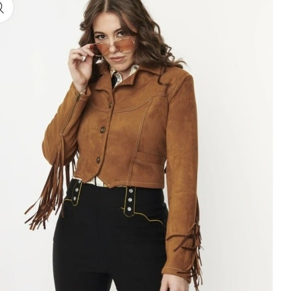 Unique Vintage 70s Faux Suede Fringe Cattle Call Crop Jacket Black Sz 1X/16 - Picture 2 of 9